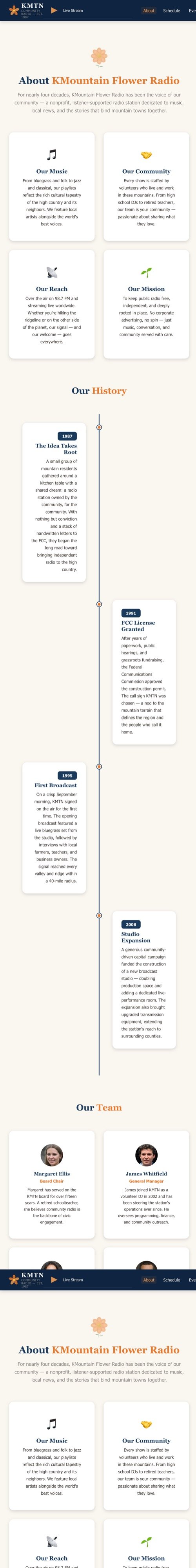 About page with station values, history timeline from 1987 to 2008, and team profiles