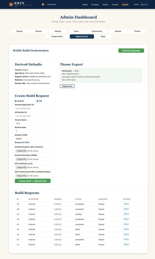 Admin mobile builds page showing derived defaults, theme export status, build request form with platform selection and file uploads, and build history table