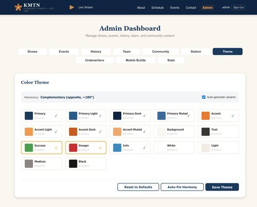 Admin theme page showing color swatches grid with hex codes, harmony settings, auto-generate variants toggle, and save buttons