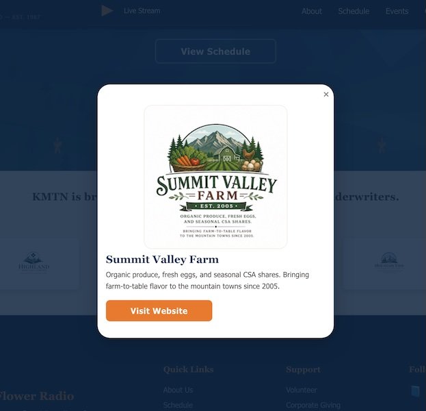 Sponsor takeover modal showing Summit Valley Farm with logo, description, and Visit Website button over a dimmed station homepage