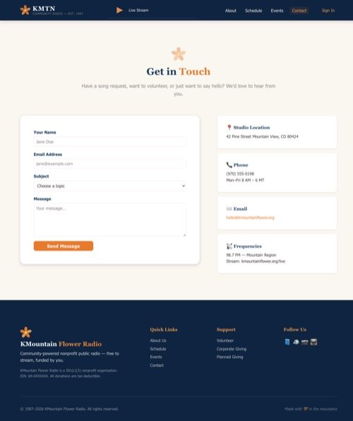 Contact page with message form, studio location, phone, email, and broadcast frequencies