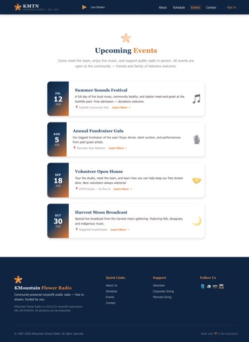 Events page with Summer Sounds Festival, Annual Fundraiser Gala, Volunteer Open House, and Harvest Moon Broadcast