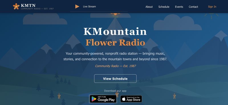 FlowerCMS homepage — KMountain Flower Radio with mountain hero illustration, live stream player, sponsor carousel, and app download badges