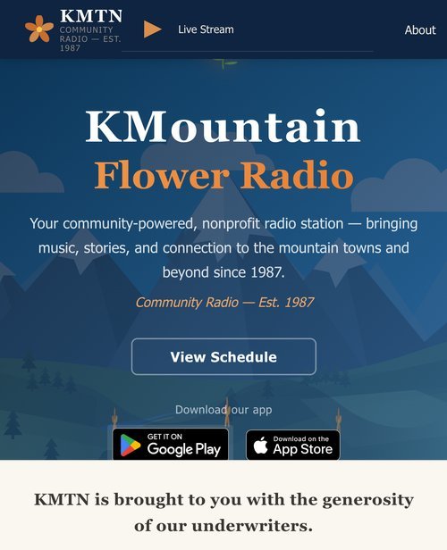 KMountain Flower Radio — warm cream and navy blue community radio station homepage