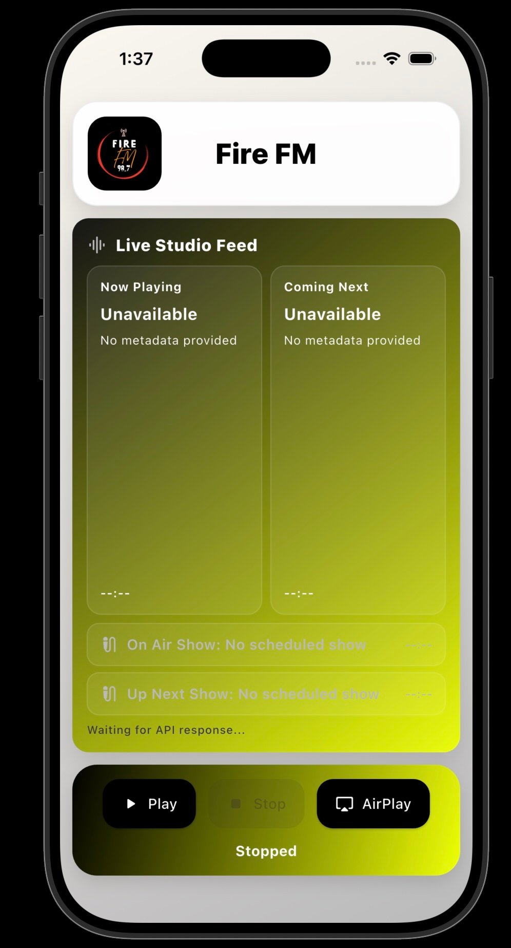 Fire FM white-label mobile app on iPhone showing branded header, Live Studio Feed with Now Playing and Coming Next cards, on-air schedule, and bottom playback controls with AirPlay