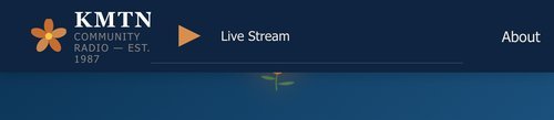 Top navigation bar showing the KMTN logo, Live Stream media player button, and menu links — always visible on every page