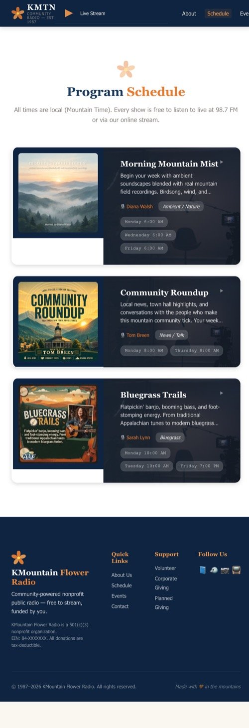 Program schedule page with show cards for Morning Mountain Mist, Community Roundup, and Bluegrass Trails