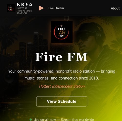 Fire FM — bold yellow and black urban independent radio station homepage